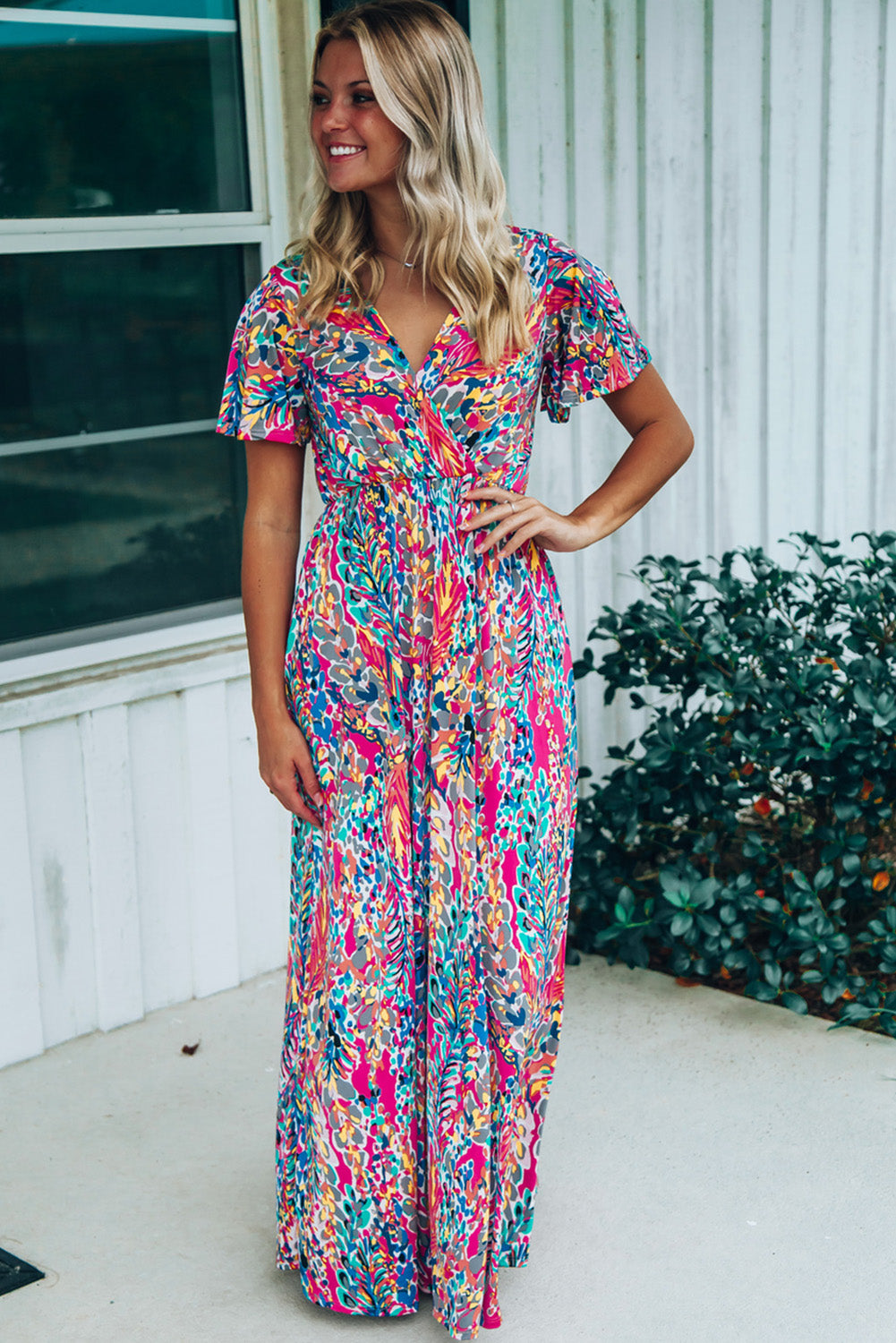 Wholesale Rose Boho Abstract Print V Neck Short Sleeve Maxi Wrap Dress