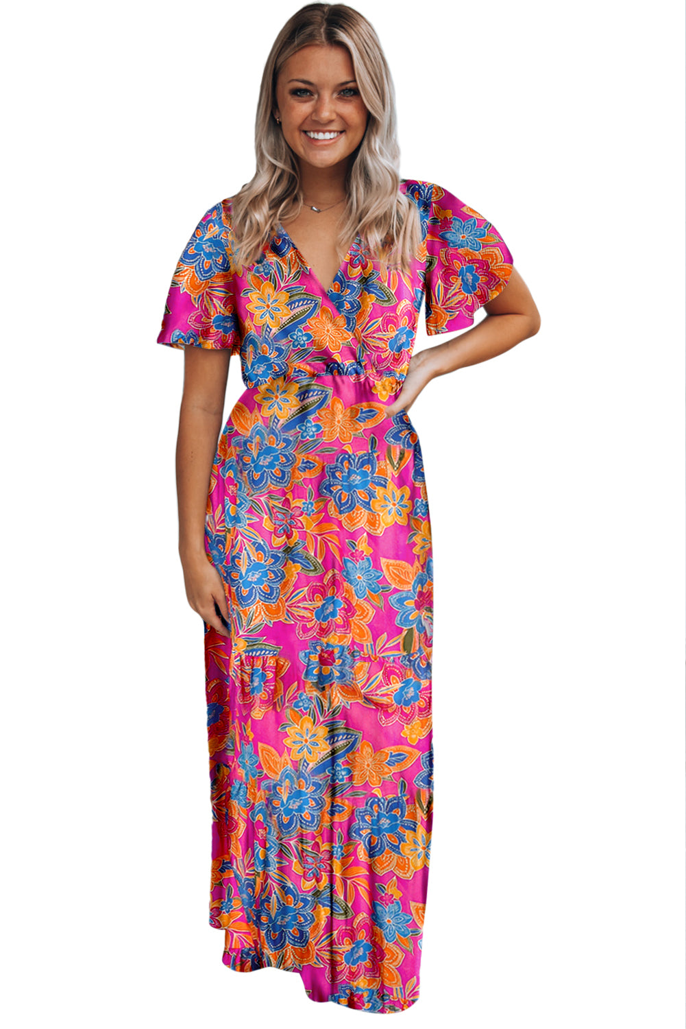 Wholesale Rose Boho Abstract Print V Neck Short Sleeve Maxi Wrap Dress