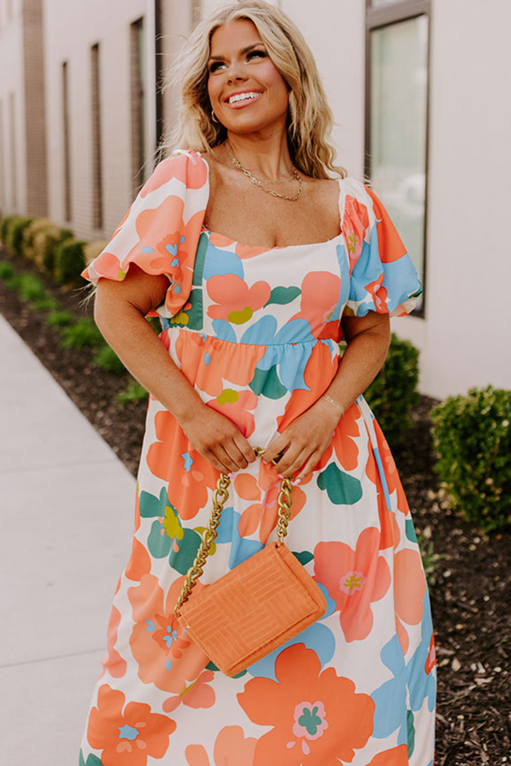 Orange Plus Size Floral Print Square Neck Maxi Dress