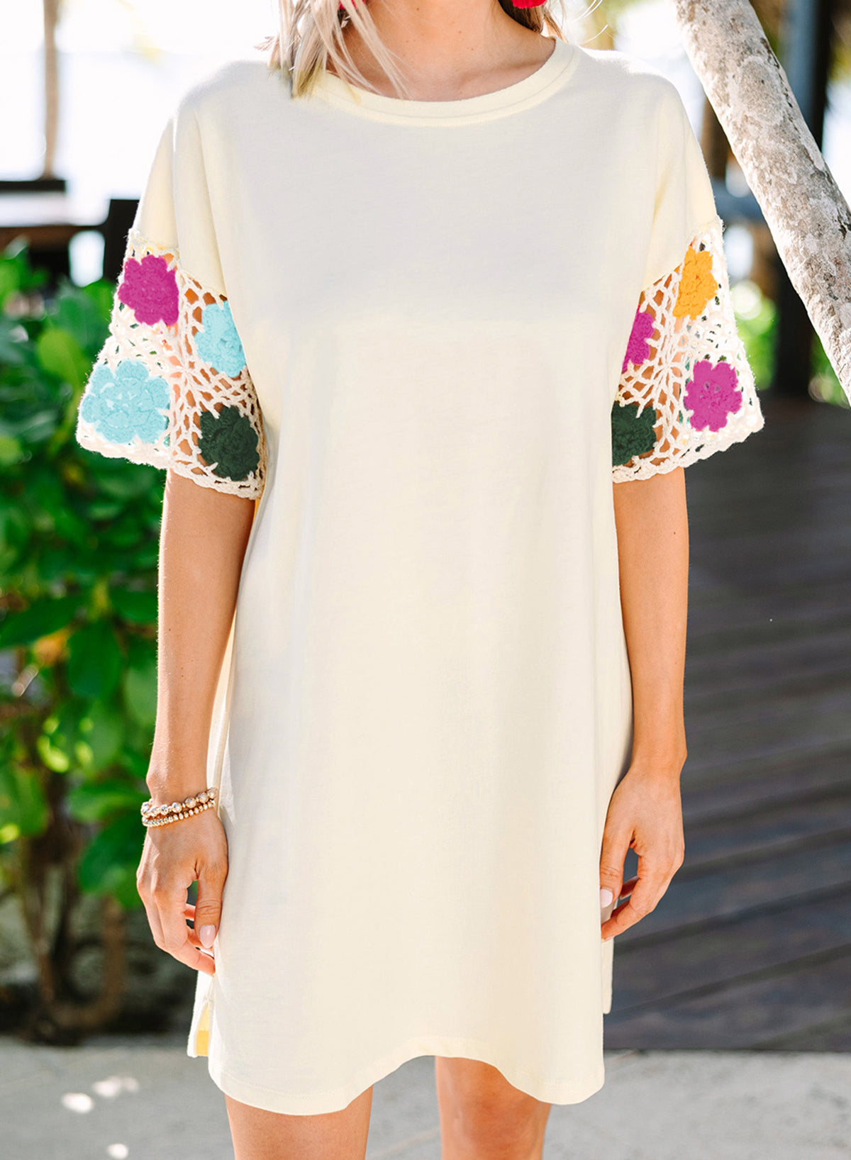 White Floral Crochet Splicing Sleeve T-shirt Dress