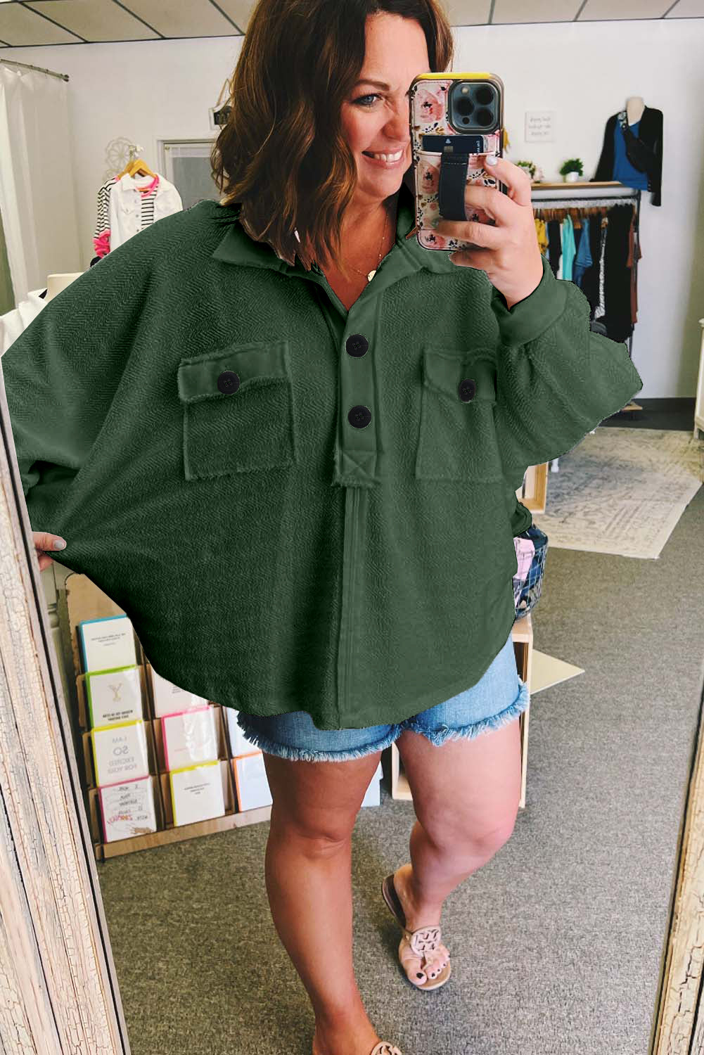 Blackish Green Plus Size Long Sleeve Flap Pocket Henley Top