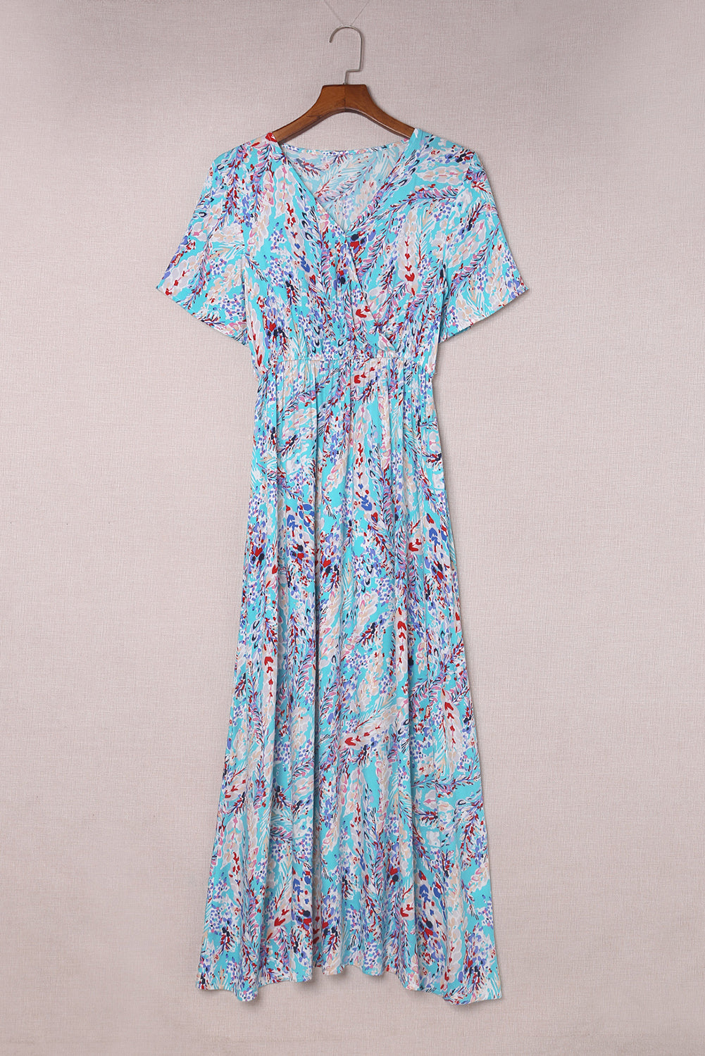 Wholesale Rose Boho Abstract Print V Neck Short Sleeve Maxi Wrap Dress