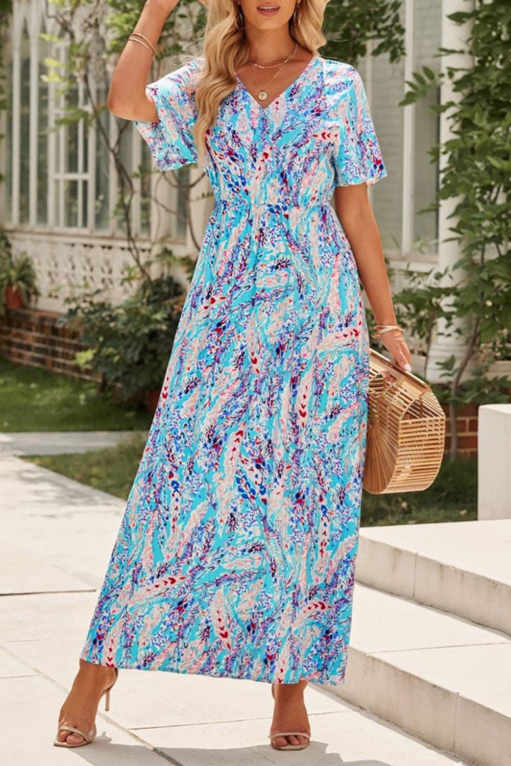 Wholesale Rose Boho Abstract Print V Neck Short Sleeve Maxi Wrap Dress