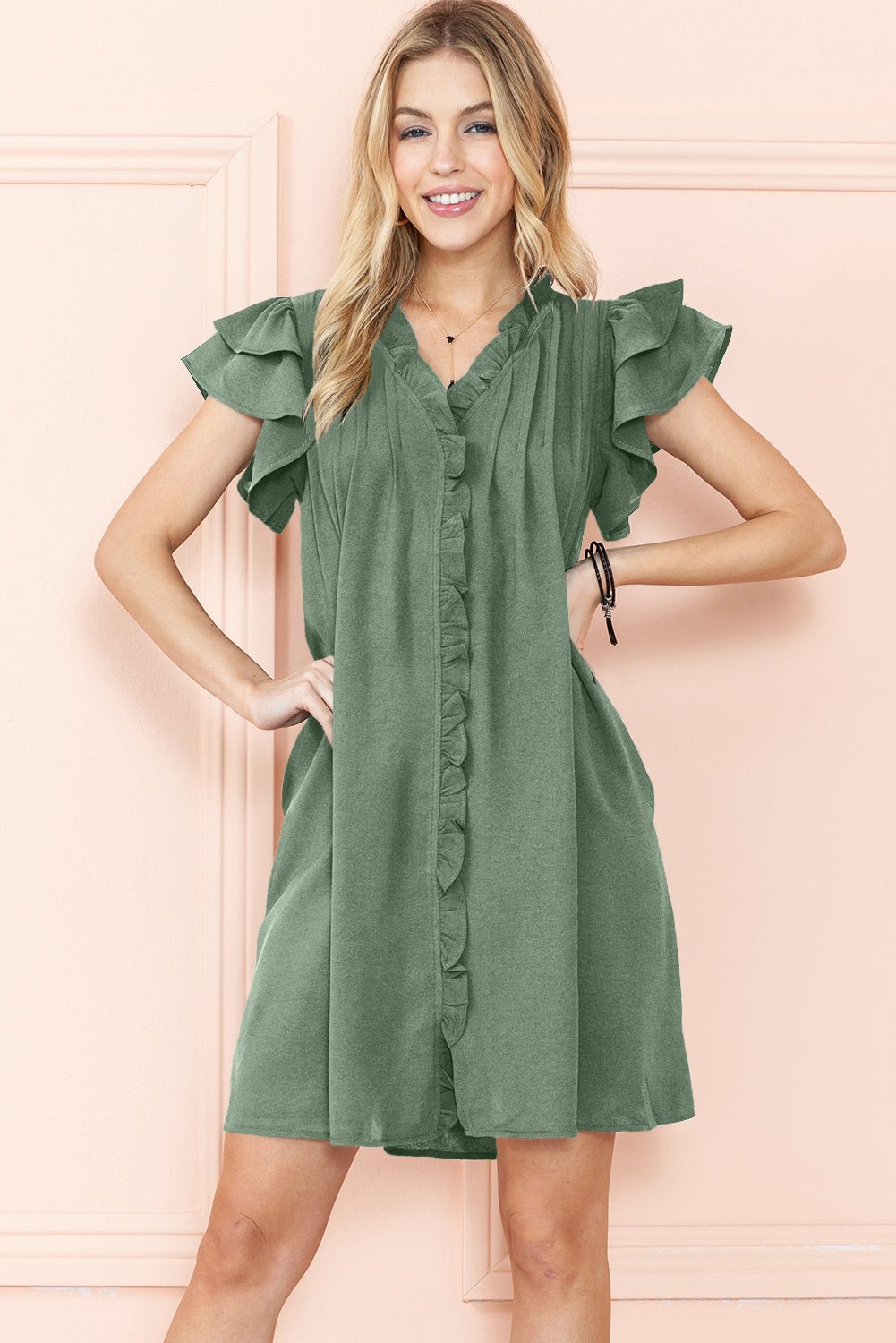 Black Ruffle Sleeve V Neck Frilled Shift Dress