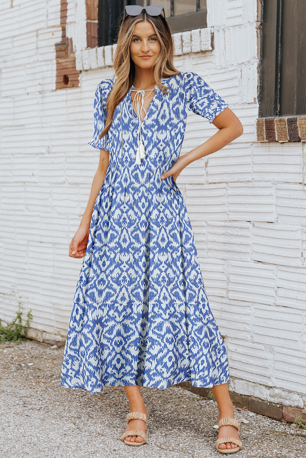 Pink Geometric Print Casual V Neck Maxi Dress