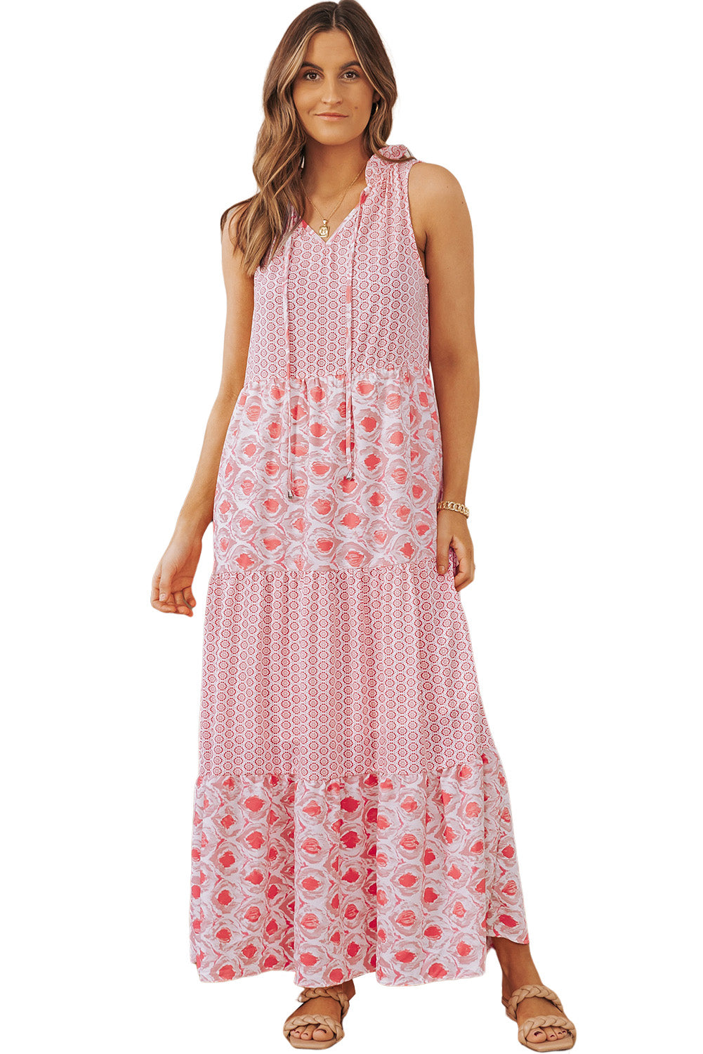 Pink Abstract Print Patchwork Sleeveless V Neck Tiered Dress