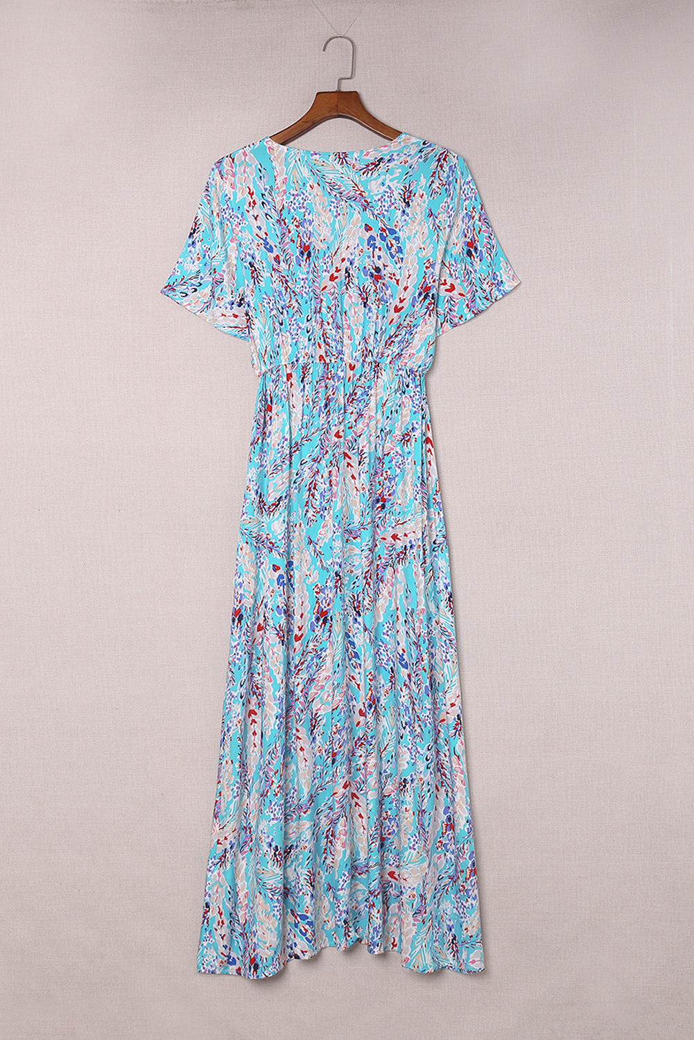 Wholesale Rose Boho Abstract Print V Neck Short Sleeve Maxi Wrap Dress