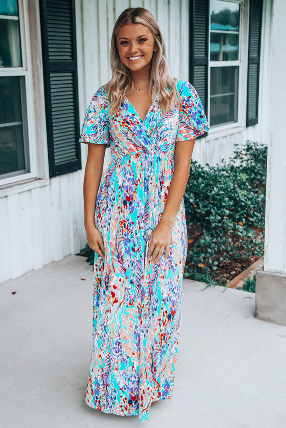 Wholesale Rose Boho Abstract Print V Neck Short Sleeve Maxi Wrap Dress