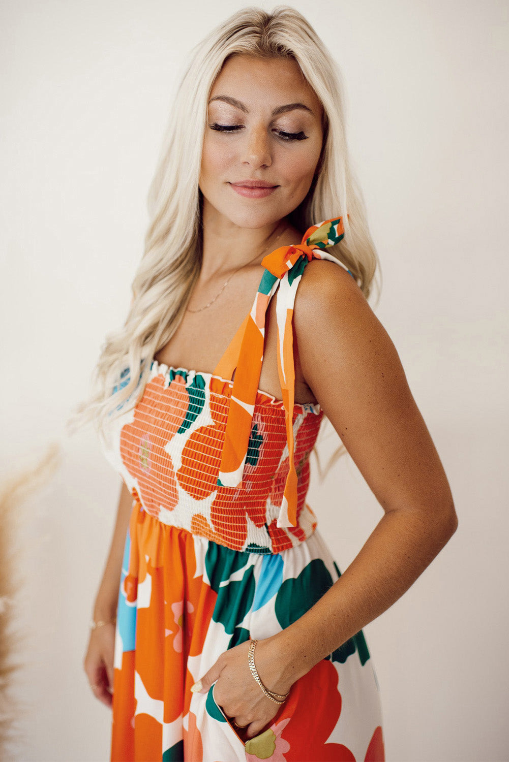 Orange 60s Floral Printed Shoulder Tie Smocked Maxi Dress