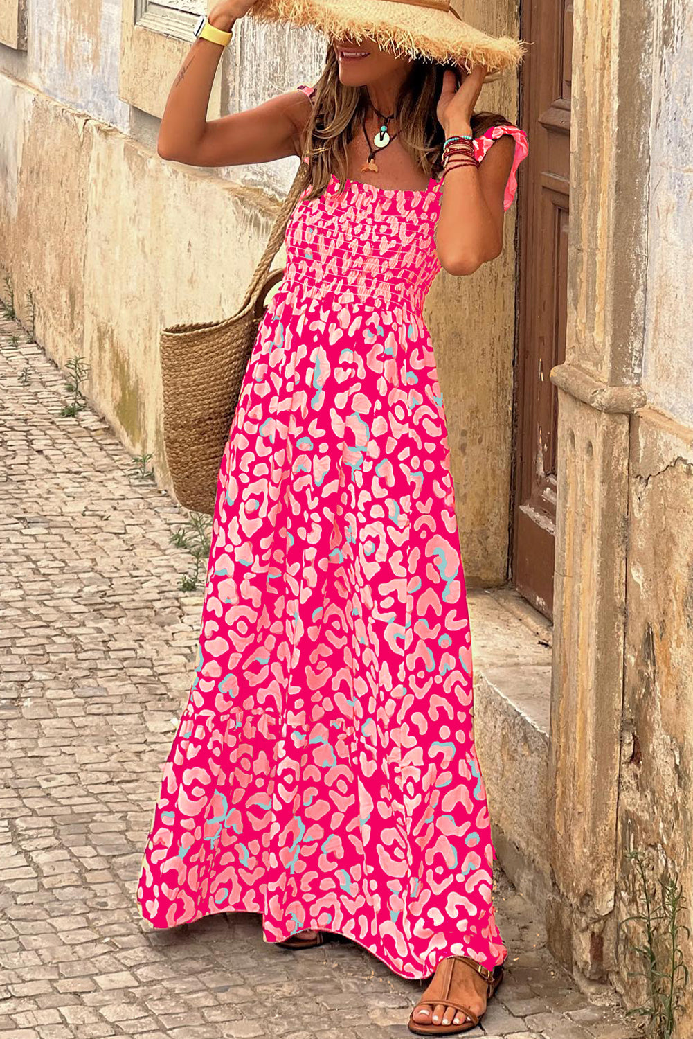 Rose Leopard Ruffle Straps Smocked High Waist Maxi Dress