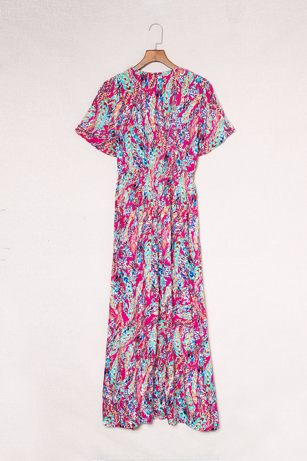 Wholesale Rose Boho Abstract Print V Neck Short Sleeve Maxi Wrap Dress