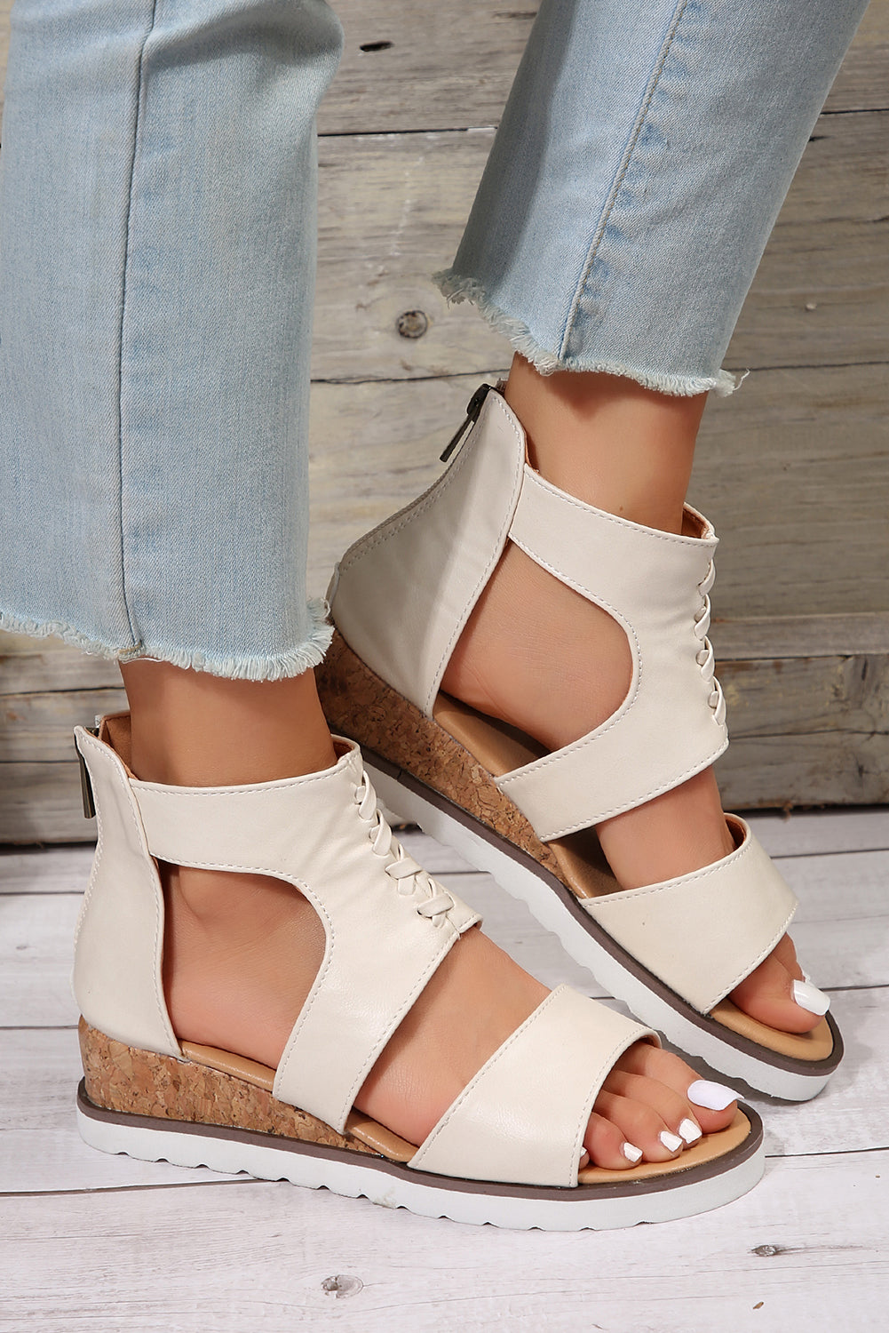 White Crisscross Detail Hollowed Leather Gladiator Sandals