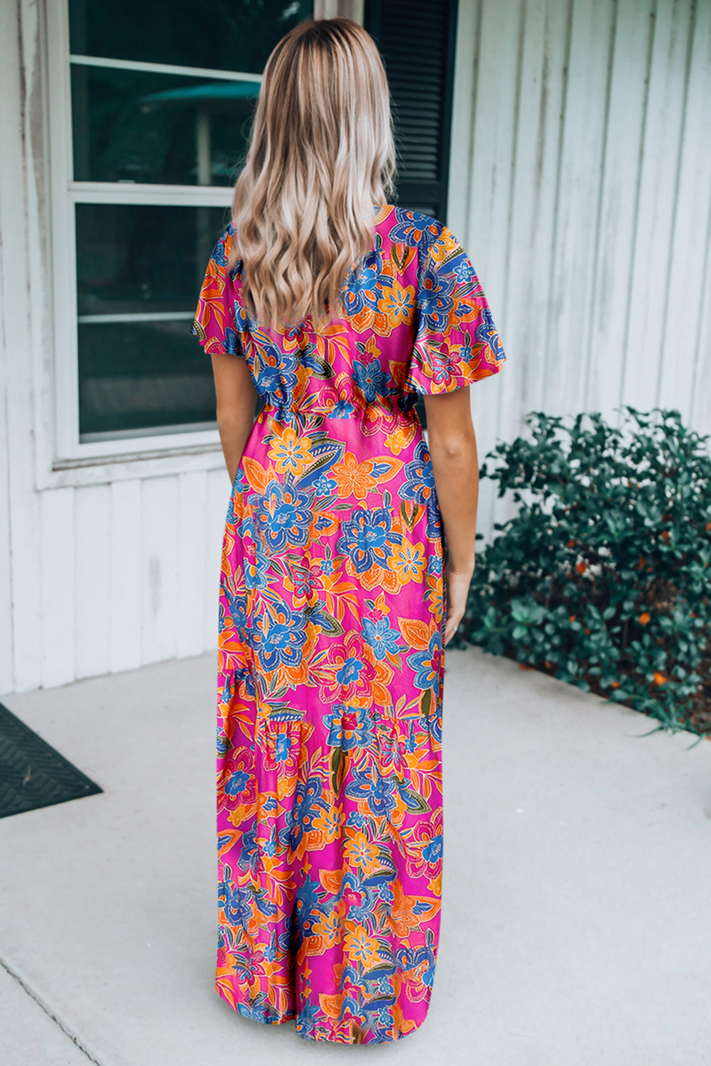 Wholesale Rose Boho Abstract Print V Neck Short Sleeve Maxi Wrap Dress