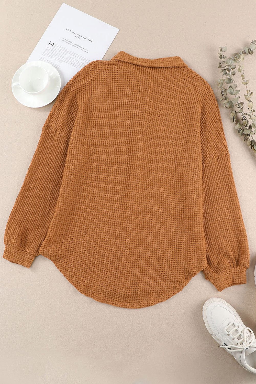 Green Pocket Buttons Front Waffle Knit Top