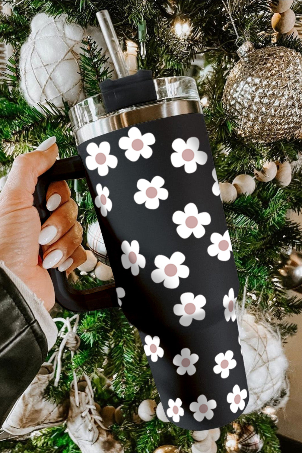 Dark Grey 60s Floral Print Stainless Tumbler With Lid And Straw