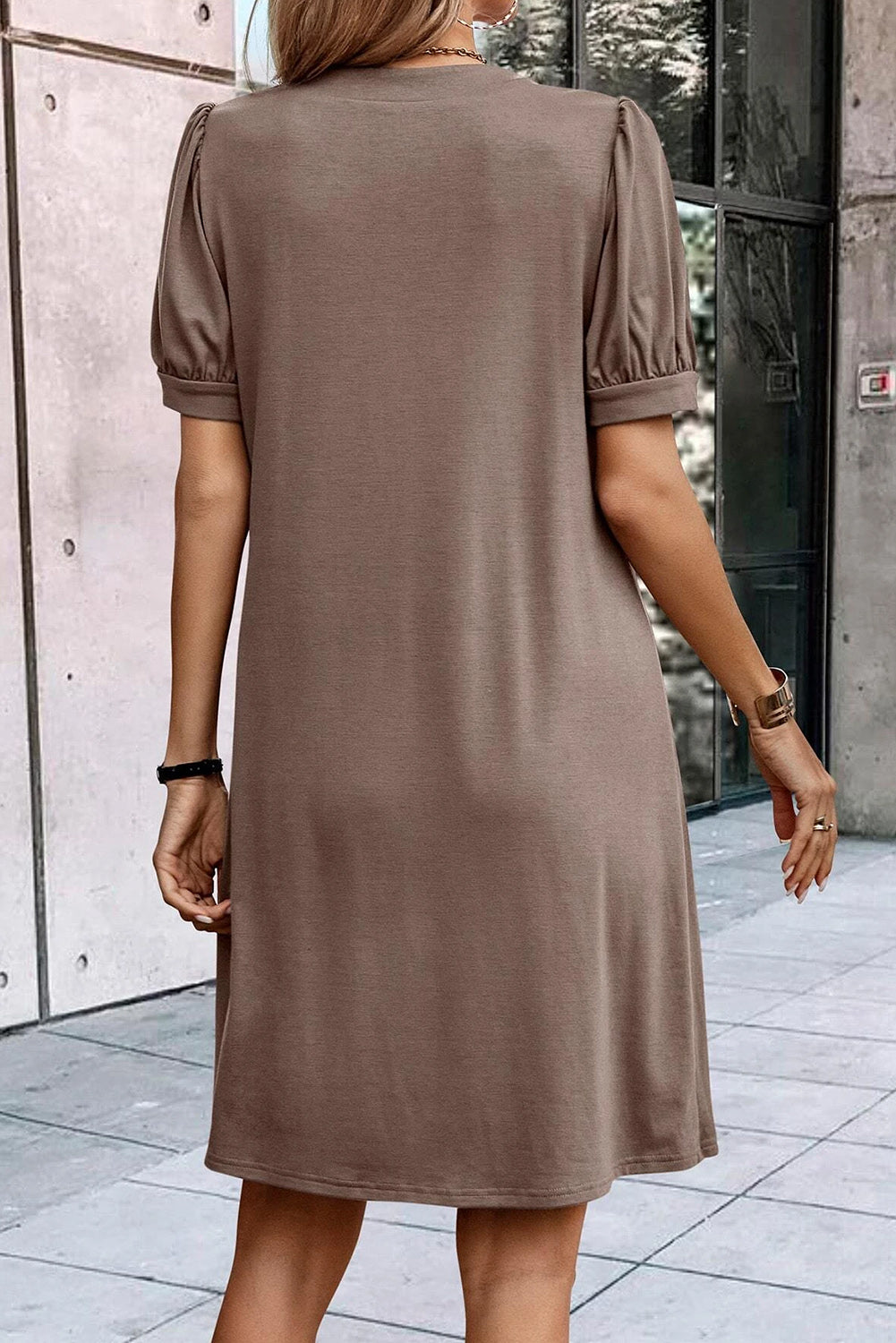 Desert Palm Notched Neck Pleated Puff Sleeve T Shirt Dress