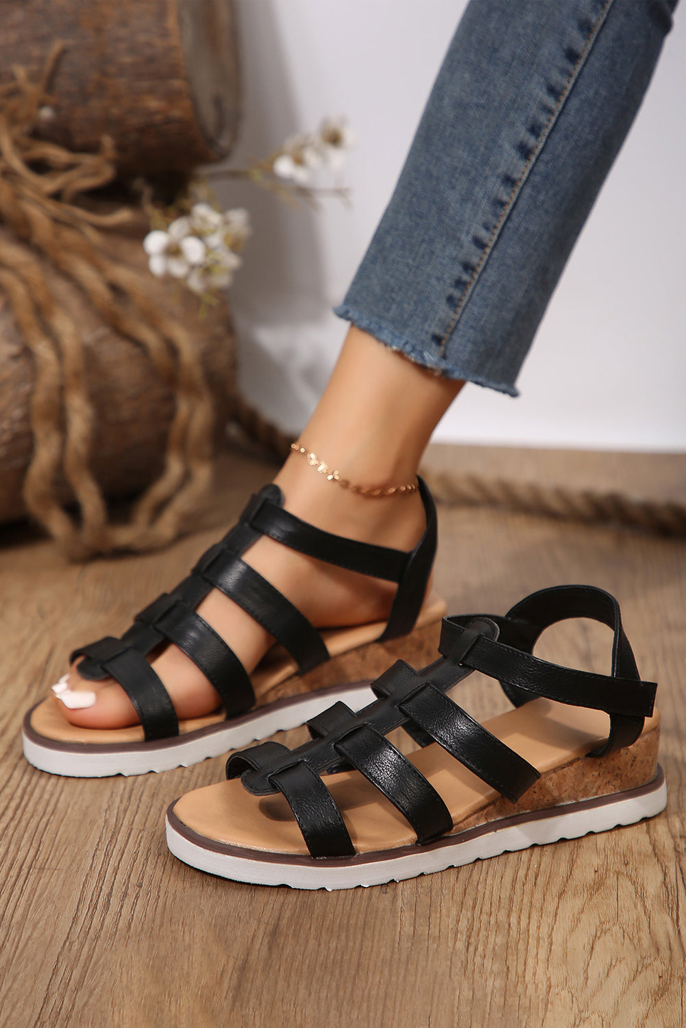 Beige Hollowed PU Leather Straps Wedge Sandals