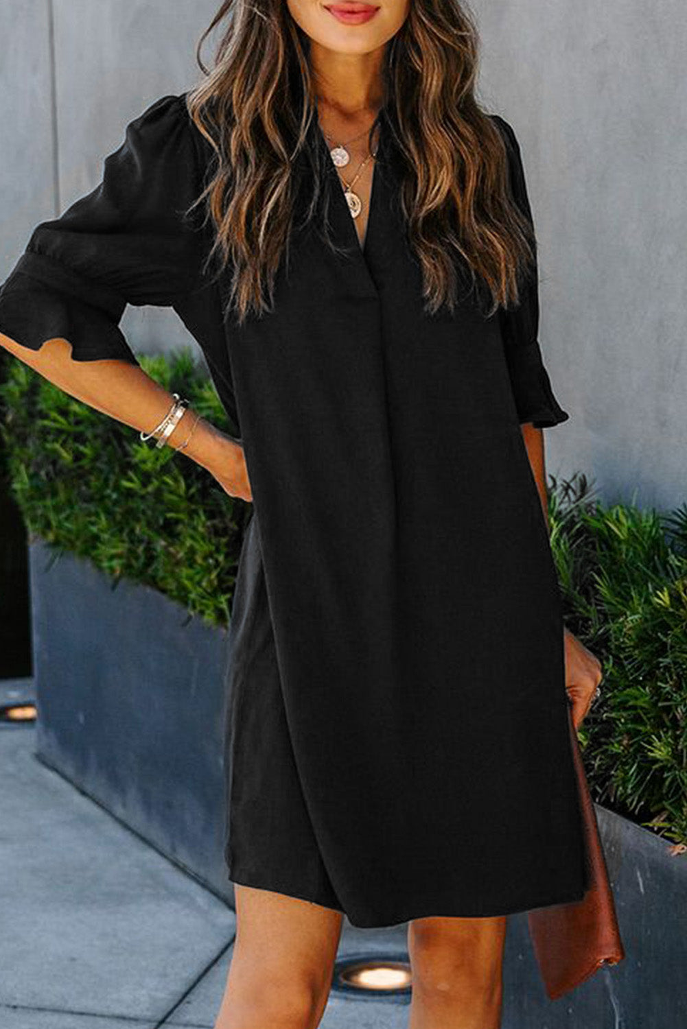 Black Split V Neck Short Sleeve Casual Tunic Dress