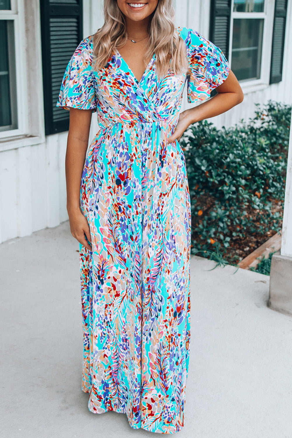 Wholesale Rose Boho Abstract Print V Neck Short Sleeve Maxi Wrap Dress