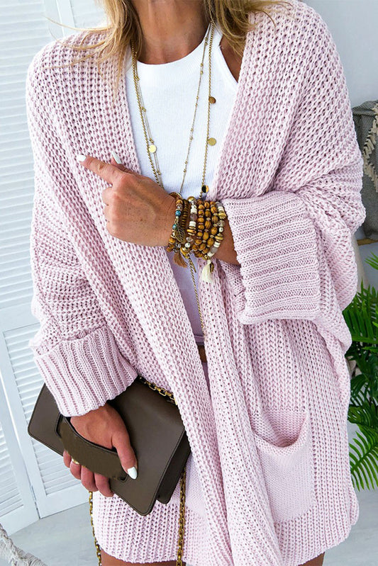 Pink Batwing Sleeve Pocket Oversized Cable Knit Cardigan