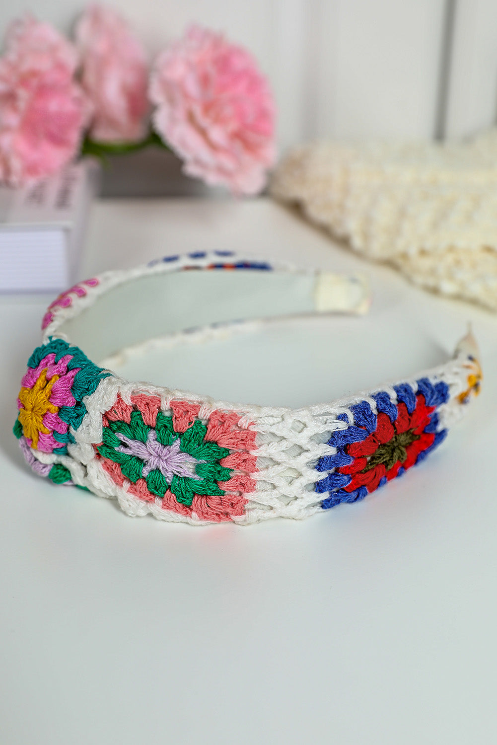 White Floral Knitted Bohemian Wide Headband