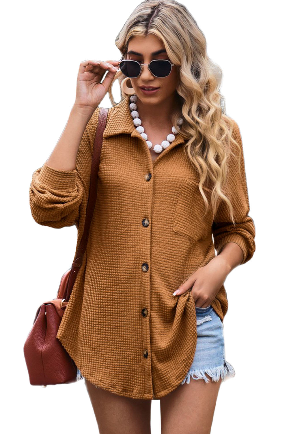 Green Pocket Buttons Front Waffle Knit Top