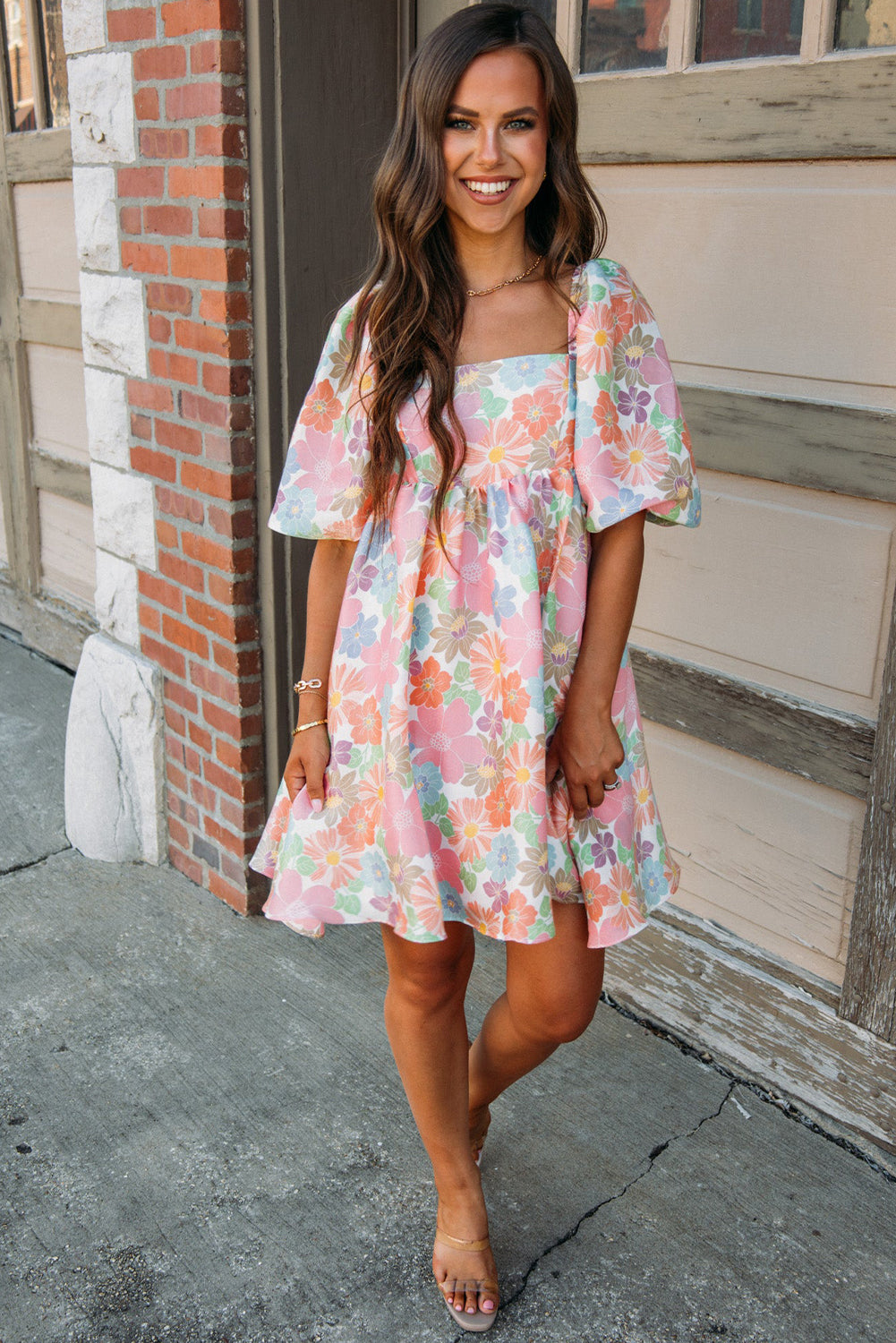 Rose Summer Floral Square Neck Puff Sleeve Babydoll Dress