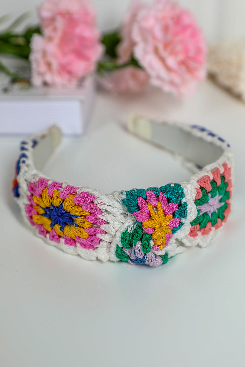 White Floral Knitted Bohemian Wide Headband