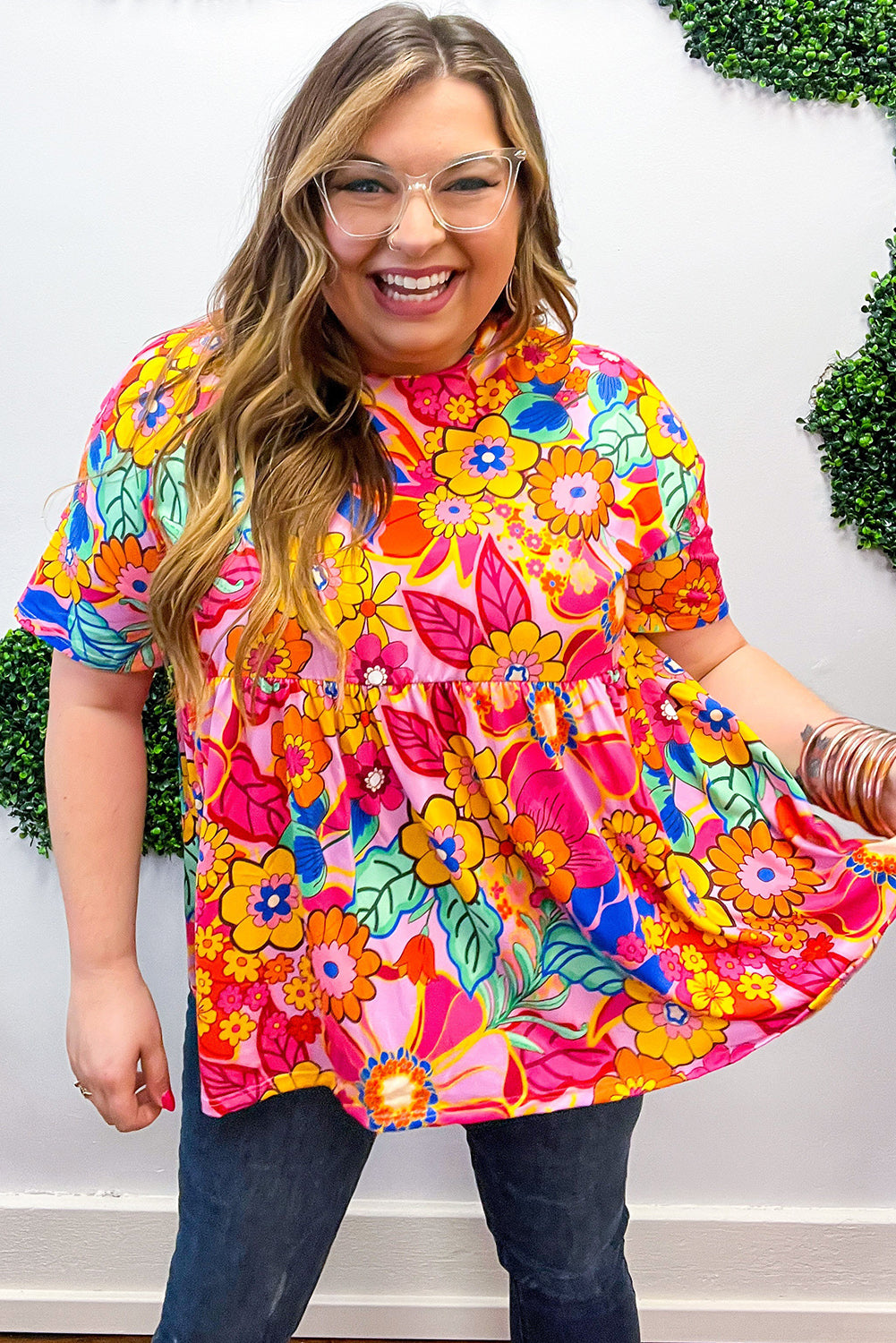 Pink Boho Floral Print Plus Size Babydoll Blouse