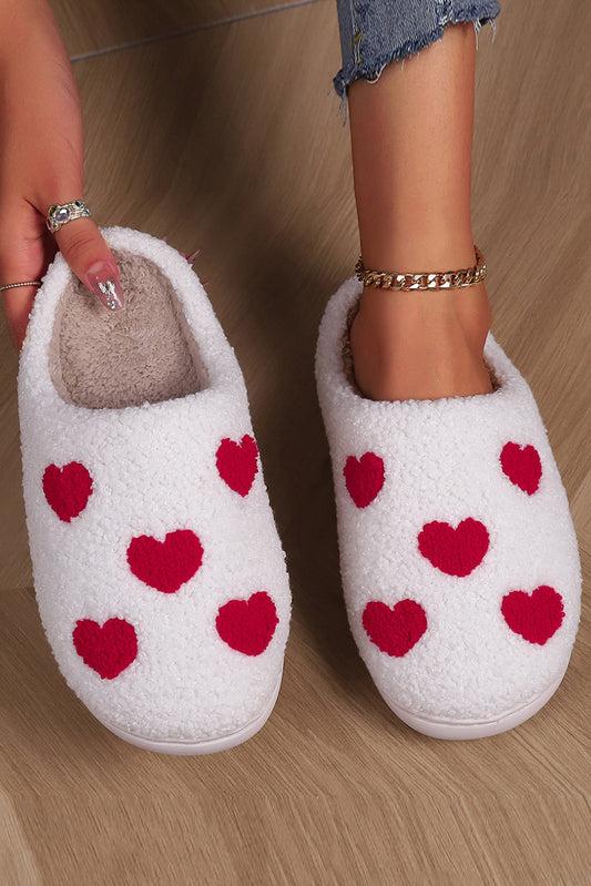 White Valentines Day Hearts Print Plush Slippers