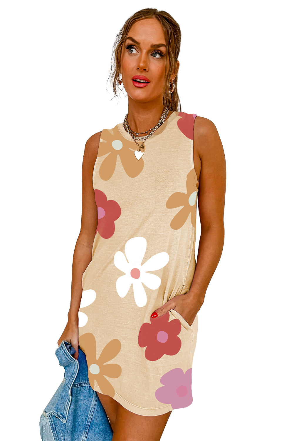 Apricot Flower Print Crew Neck Sleeveless Mini Dress