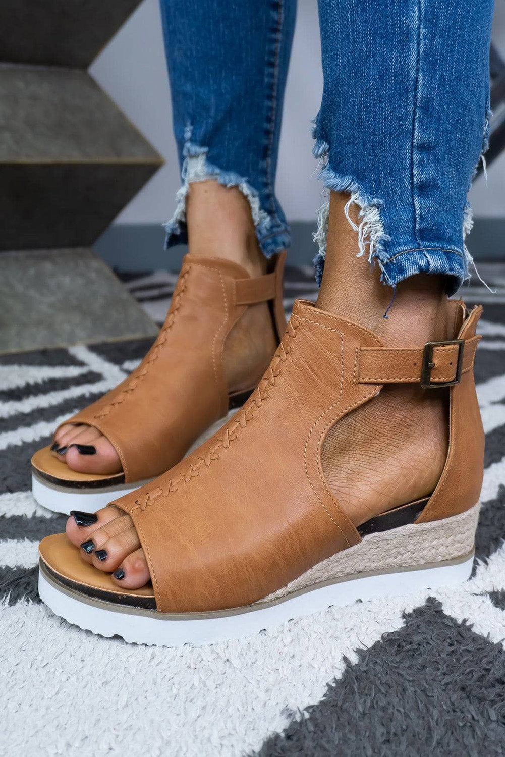 Khaki PU Cutout Buckle Strap Platform Sandals