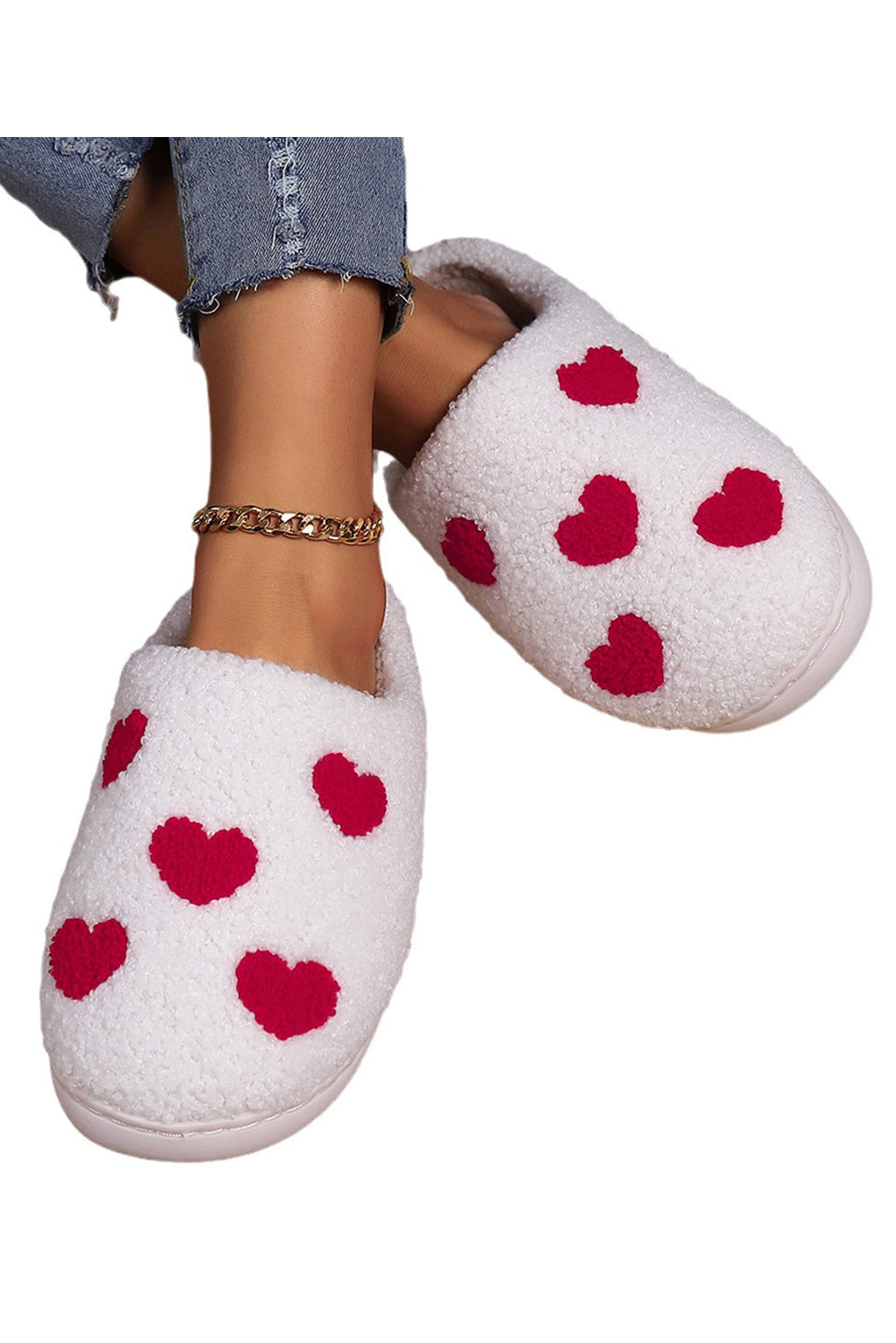 White Valentines Day Hearts Print Plush Slippers