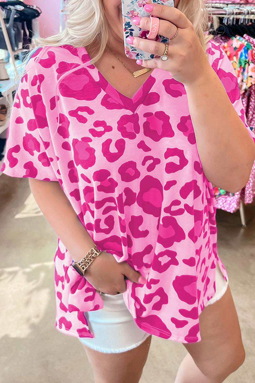 Pink Leopard Print V Neck Plus Size Tee