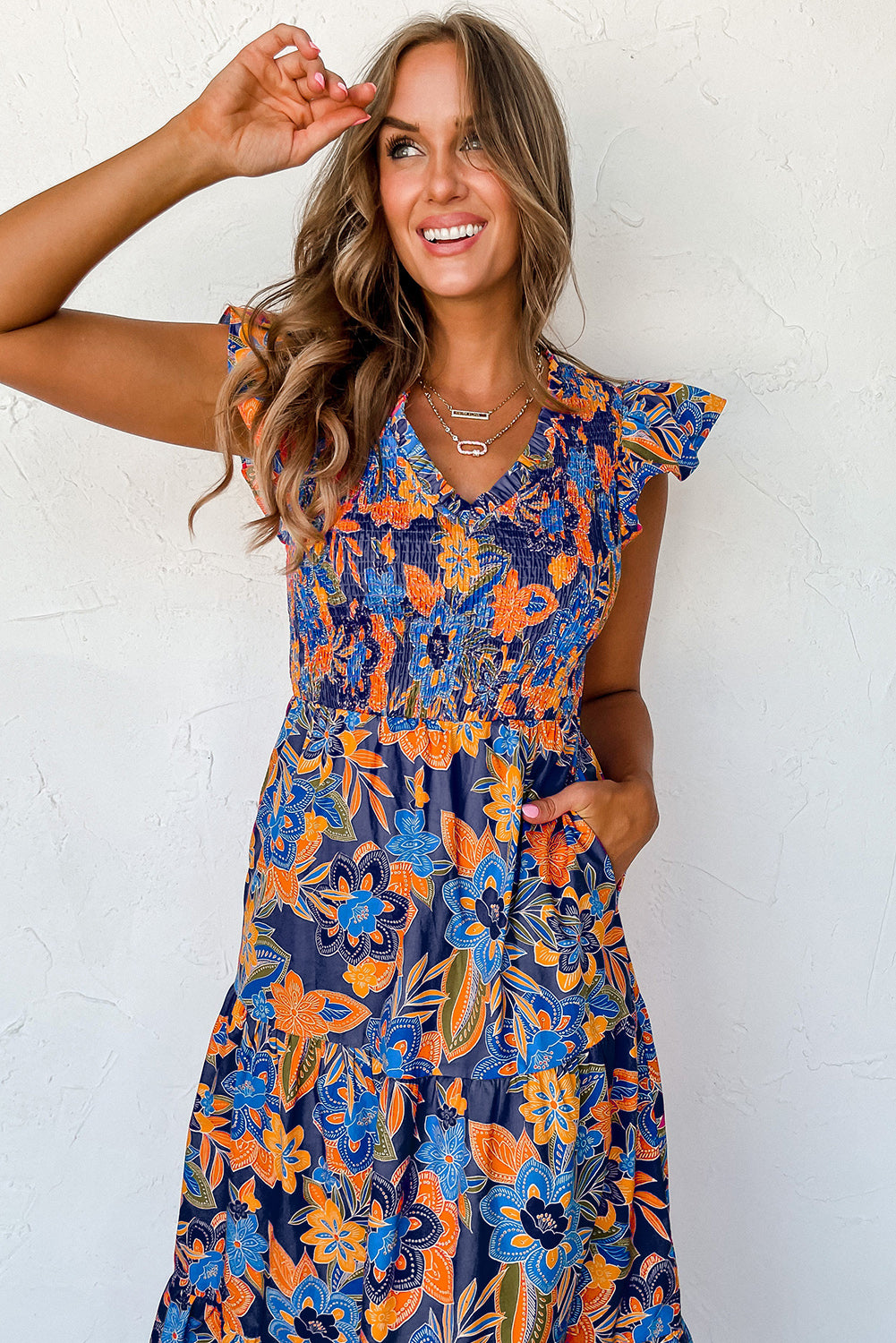 Dark Blue Boho Floral V Neck Ruffle Tiered Long Dress