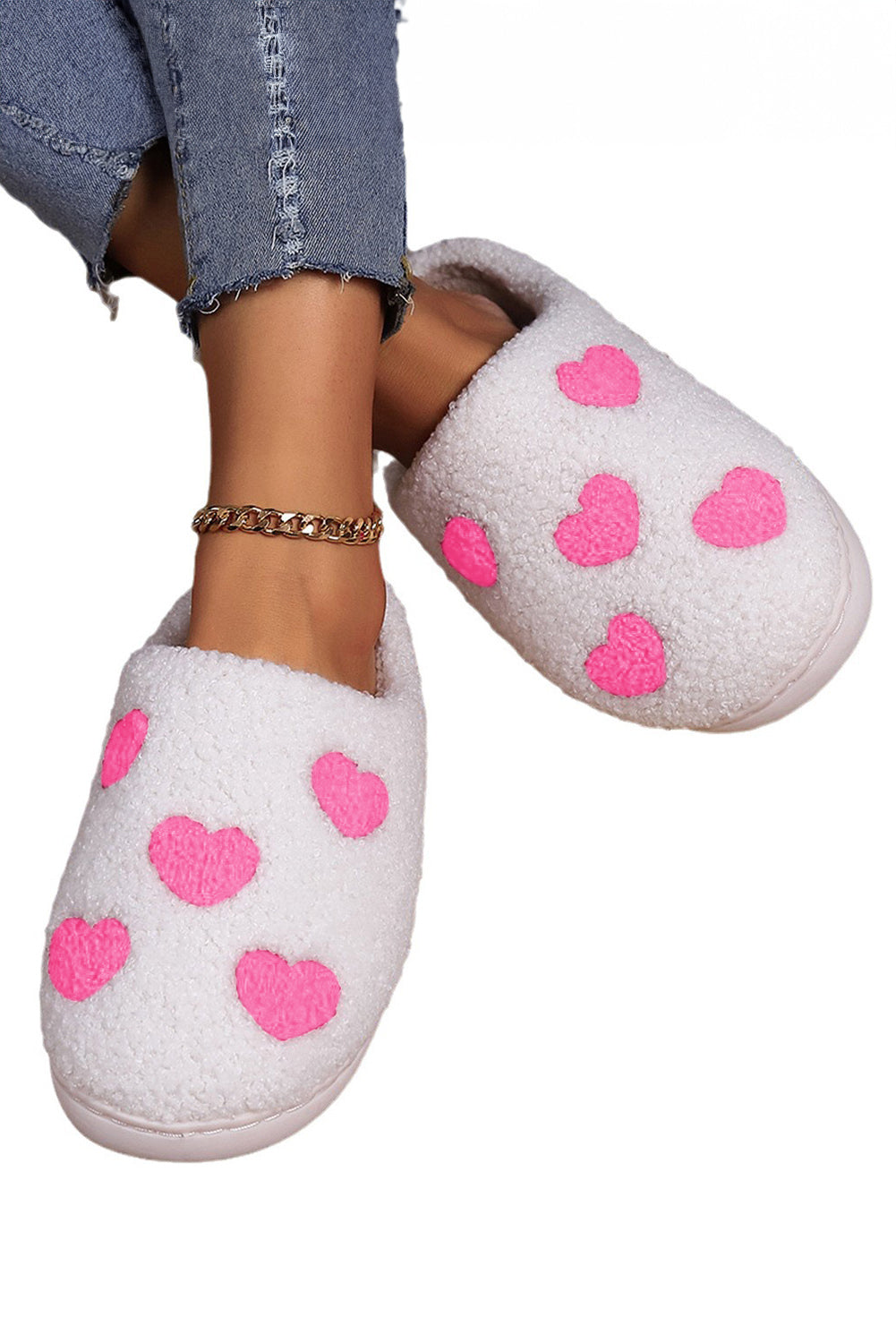 White Valentines Day Hearts Print Plush Slippers