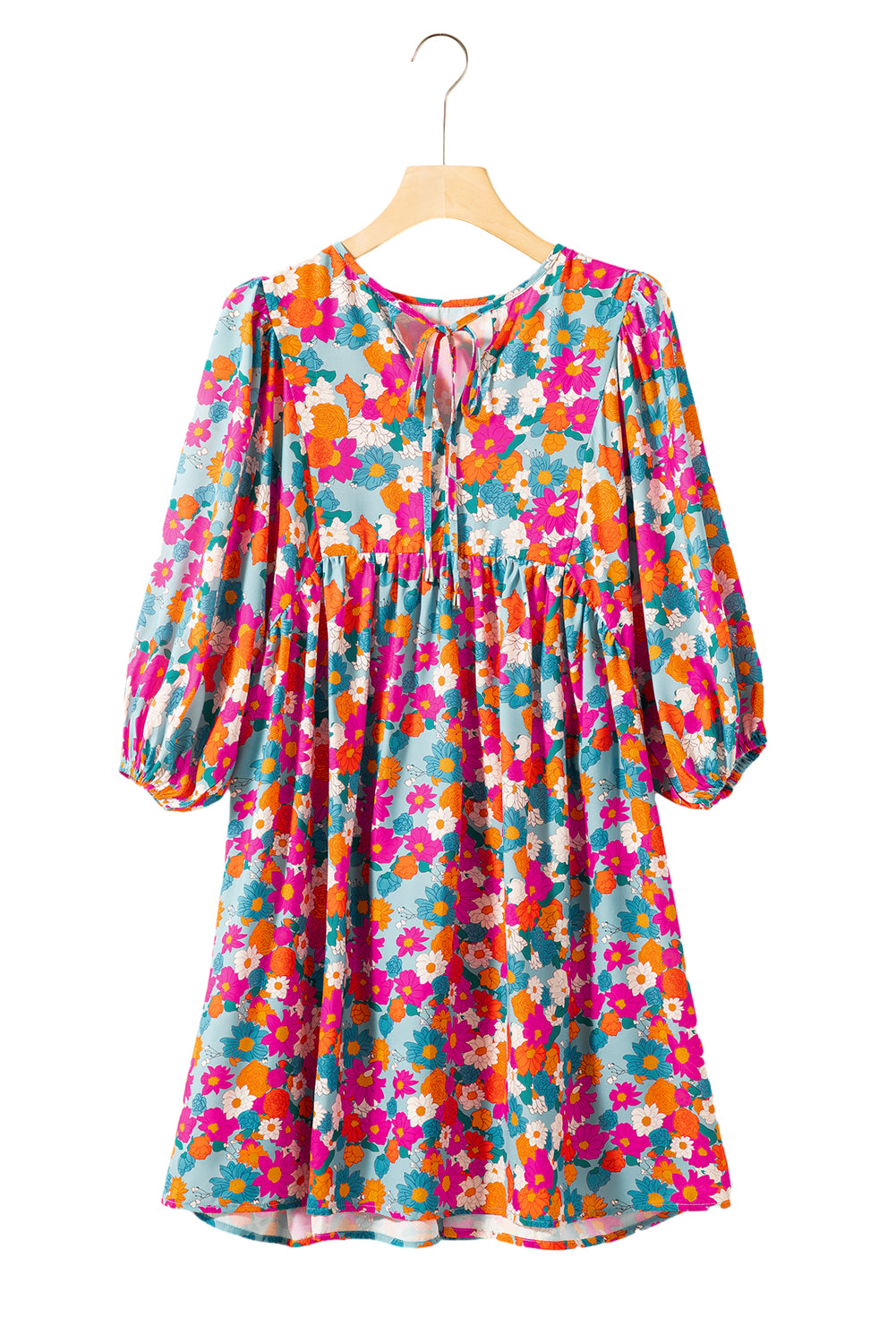 Sky Blue Boho Floral Print V Neck Lantern Sleeve Babydoll Dress