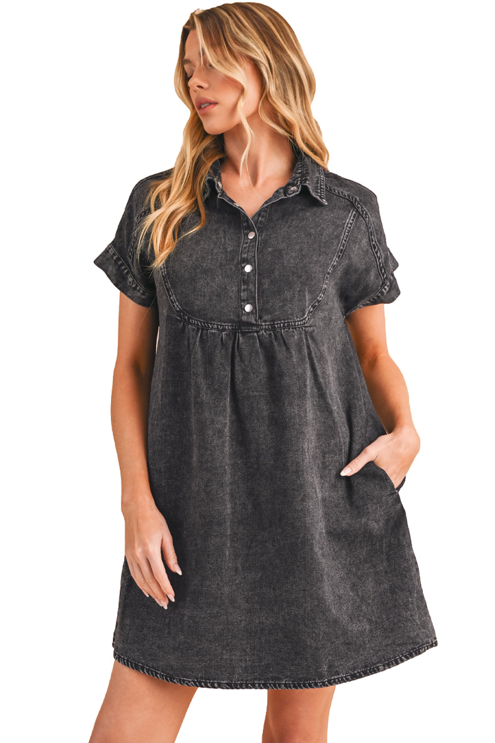 Black Vintage Snap Buttoned Mini Denim Dress