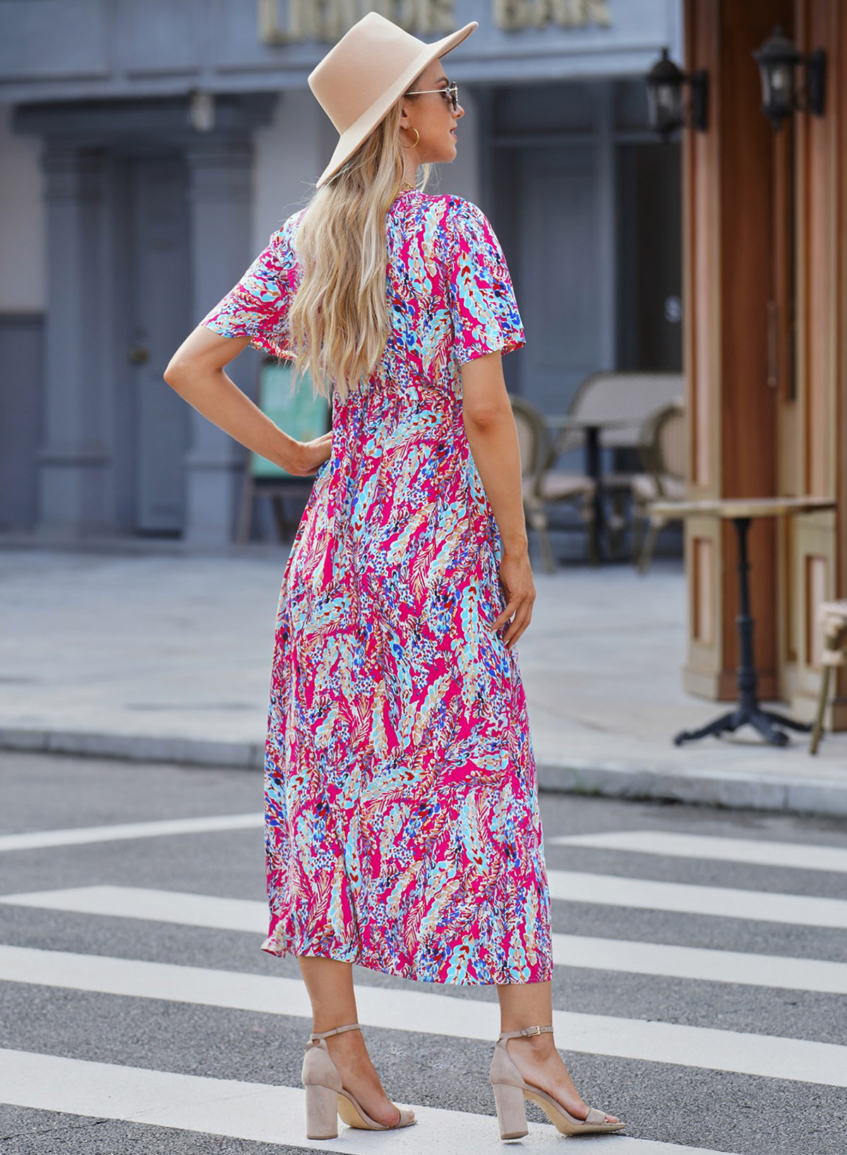 Wholesale Rose Boho Abstract Print V Neck Short Sleeve Maxi Wrap Dress