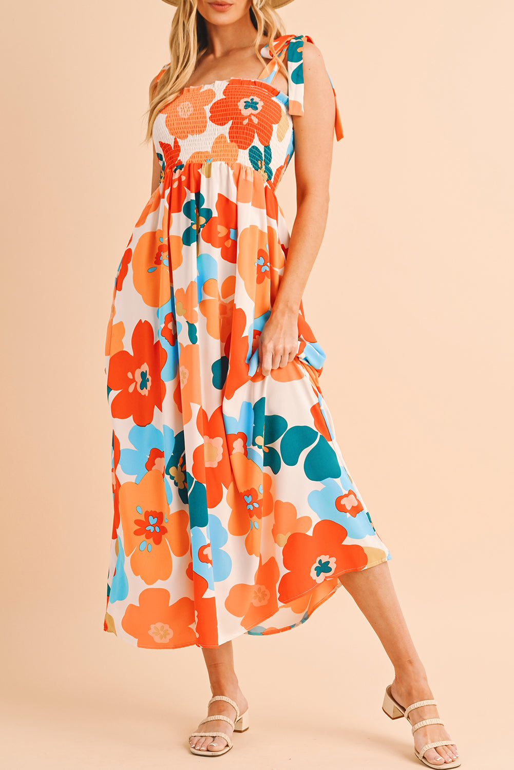 Orange 60s Floral Printed Shoulder Tie Smocked Maxi Dress