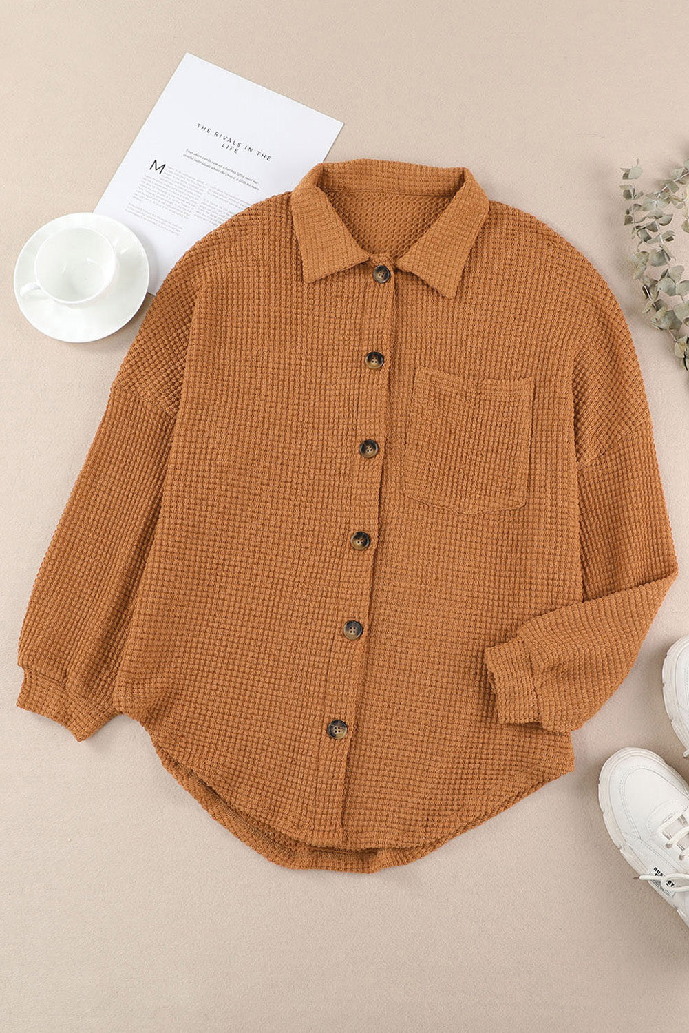 Green Pocket Buttons Front Waffle Knit Top