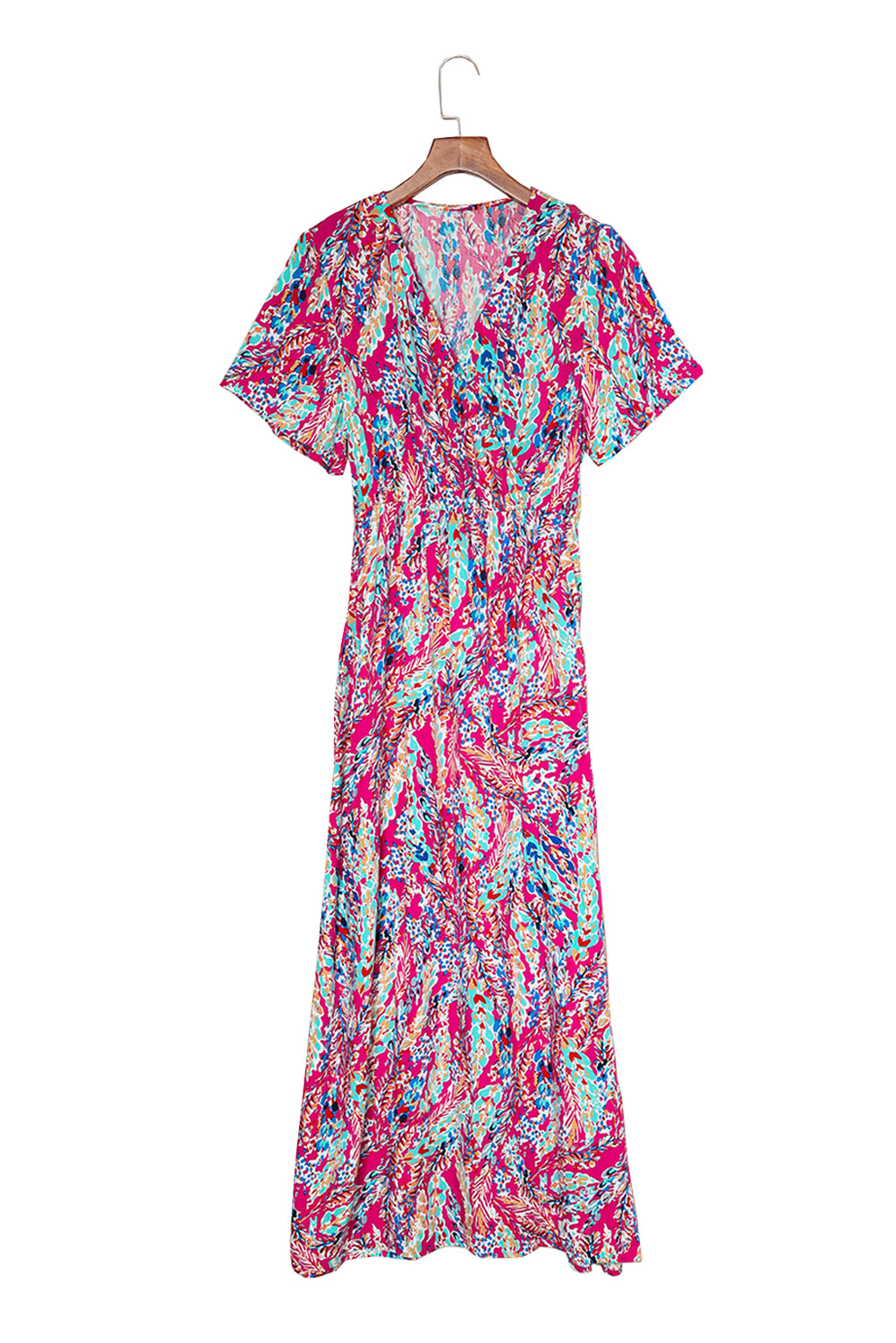 Wholesale Rose Boho Abstract Print V Neck Short Sleeve Maxi Wrap Dress