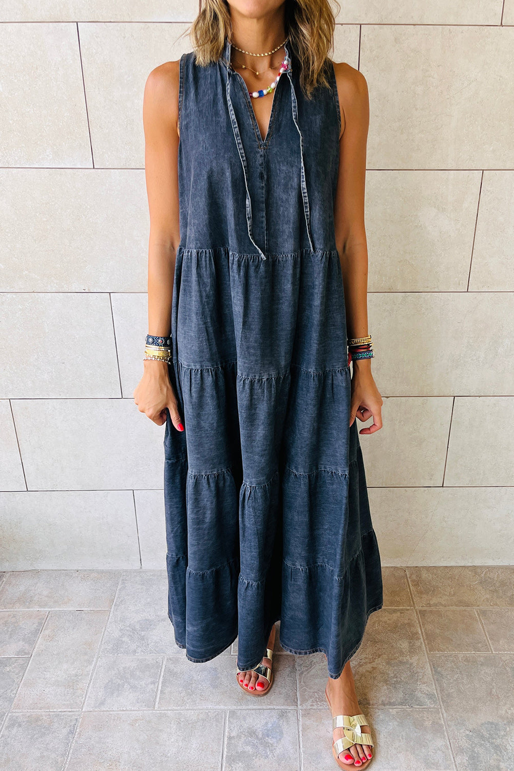 Real Teal Sleeveless Tiered Chambray Maxi Dress