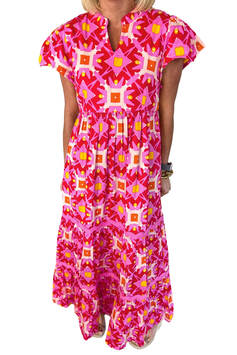 Strawberry Pink Abstract Print Pleated Flounce Sleeve Maxi Dress