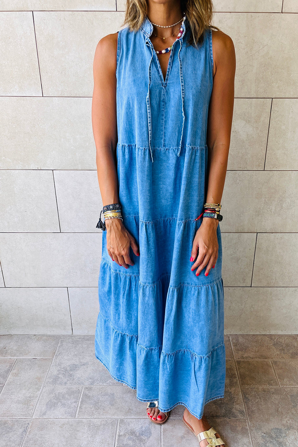 Real Teal Sleeveless Tiered Chambray Maxi Dress