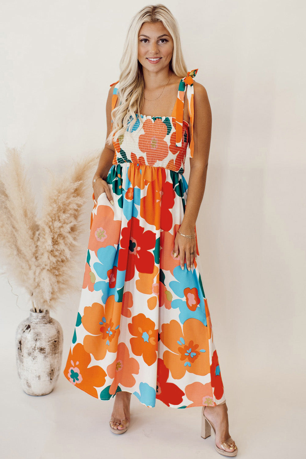 Orange 60s Floral Printed Shoulder Tie Smocked Maxi Dress