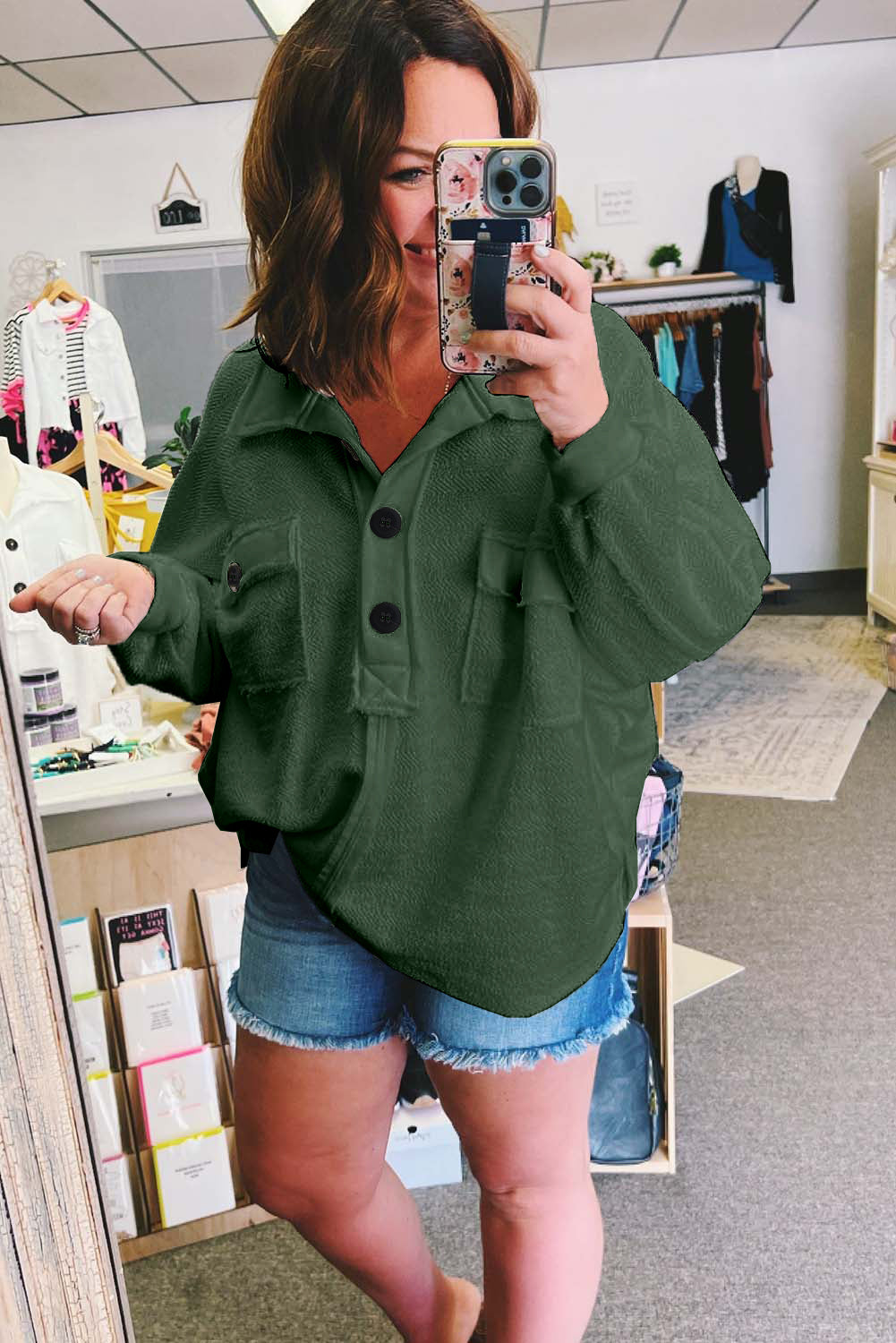 Blackish Green Plus Size Long Sleeve Flap Pocket Henley Top