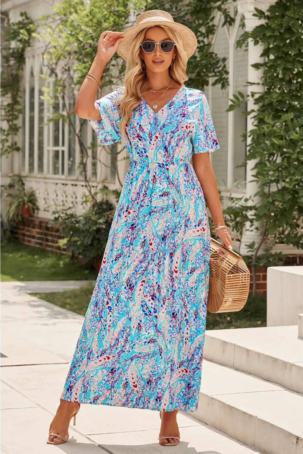 Wholesale Rose Boho Abstract Print V Neck Short Sleeve Maxi Wrap Dress