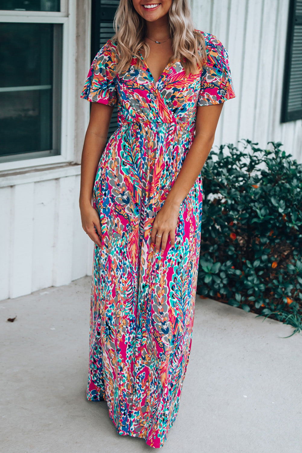 Wholesale Rose Boho Abstract Print V Neck Short Sleeve Maxi Wrap Dress