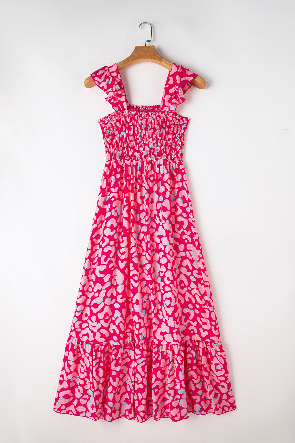 Rose Leopard Ruffle Straps Smocked High Waist Maxi Dress